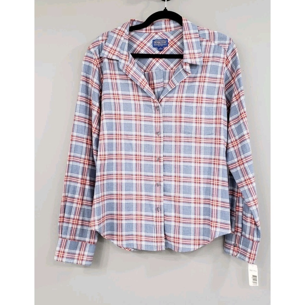 NEW PETITE LARGE Pendleton Blue Plaid Button Up Cotton Long Sleeve Shirt chore